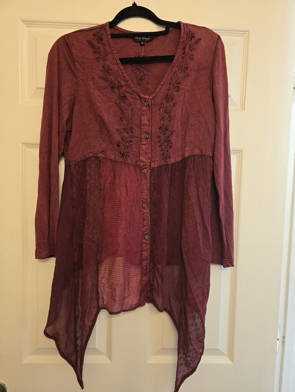 Young Threads Boho Embroidered Button-Front Tunic Blouse - Size M - Picture 2 of 8